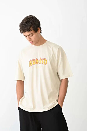 Unisex Bisiklet Yaka Baskılı Oversize Thirt  Beyaz