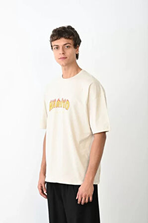 Unisex Bisiklet Yaka Baskılı Oversize Thirt  Beyaz