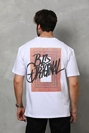 Unisex Bisiklet Yaka Baskılı Oversize Thirt  Beyaz