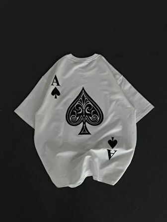 Unisex Bisiklet Yaka Baskılı Oversize Thirt  Beyaz