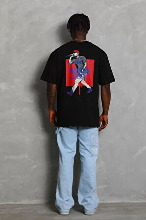 Unisex Oversize Baskılı Bisiklet Yaka Thirt  iyah