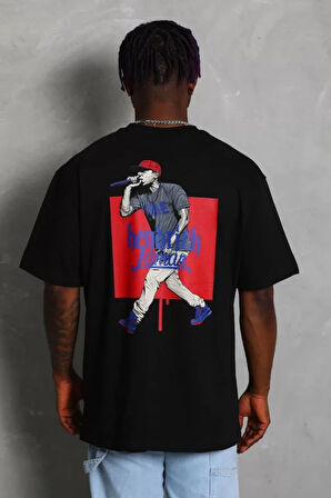 Unisex Oversize Baskılı Bisiklet Yaka Thirt  iyah