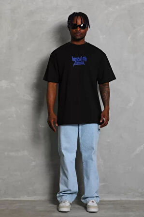 Unisex Oversize Baskılı Bisiklet Yaka Thirt  iyah