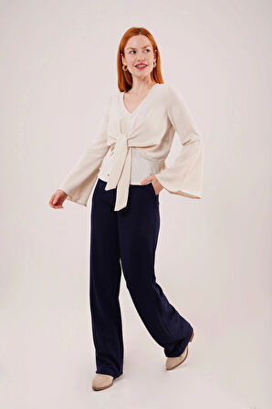 Ön Bağlamalı Volan Kol Ekru Bluz