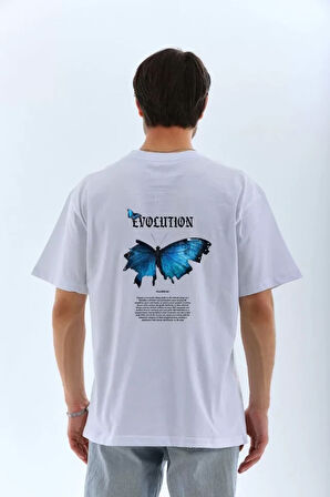 Unisex Bisiklet Yaka Baskılı Oversize Thirt  Beyaz