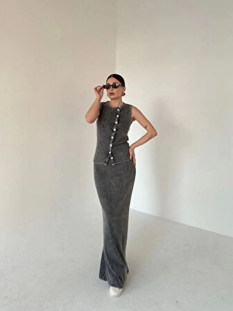 Uzun Etekli Önü Düğmeli Badi İkili Takım Antrasit