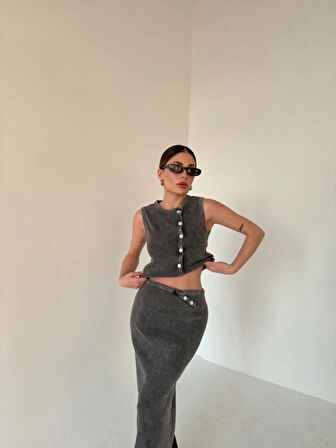 Uzun Etekli Önü Düğmeli Badi İkili Takım Antrasit