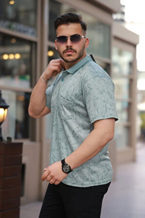 Erkek Yakalı Jakar Baskılı Kısa Kollu Tshirt