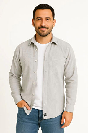 Erkek Fitilli Kadife Cepli Gömlek Oversize Rahat Kalıp  Gri