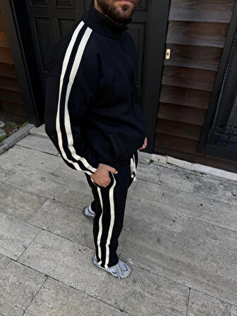 Erkek Çift Şeritli Eşofman Takım Dik Yaka Fermuarlı weatshirt Boru Paça Alt, Oversize 3 Iplik Pamuklu  iyah