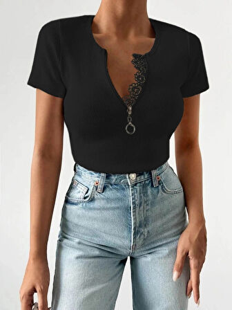 Kadın Beyaz Yaka Dantel Ve Fermuarlı Kaşkorse Bluz