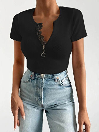 Kadın Beyaz Yaka Dantel Ve Fermuarlı Kaşkorse Bluz