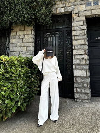 Crop, Pantolon Fitilli İkili Takım Beyaz