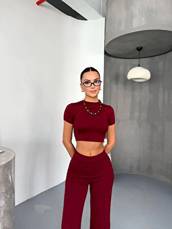 Osy odal Yumuşak Dokulu Kumaş Kısa Kollu Crop Alt Ispanyol Paça Pantalon Ikili Takım  Bordo