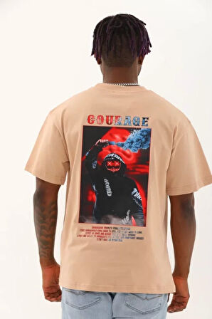 Unisex Oversize Baskılı Bisiklet Yaka Thirt  Bej