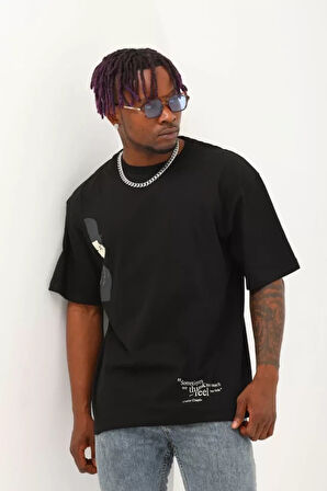 Unisex Oversize Baskılı Bisiklet Yaka Thirt  iyah