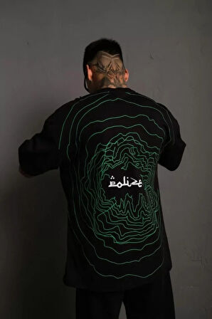 Erkek Bisiklet Yakalı ırt Baskılı Oversize Thirt  iyah