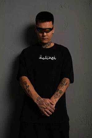 Erkek Bisiklet Yakalı ırt Baskılı Oversize Thirt  iyah