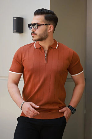 Erkek Fermuar Yakalı çizgi Dokulu Kısa Kollu Tişört