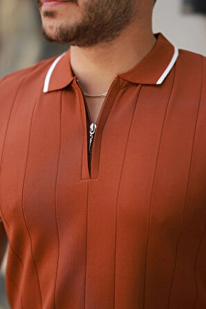 Erkek Fermuar Yakalı çizgi Dokulu Kısa Kollu Tişört