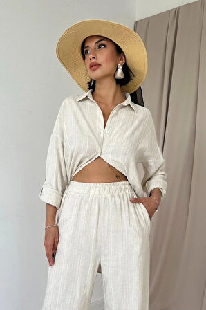 Bej Jakar Petek Gömlek Ve Pantolon Takım