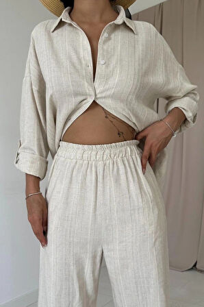 Bej Jakar Petek Gömlek Ve Pantolon Takım