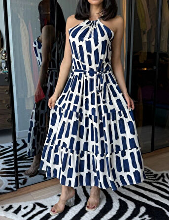 Kadın Viskon Kumaş Ip Askılı Halter Yaka Cepli idi Boy Elbise