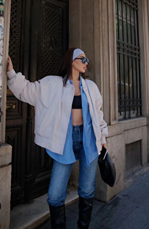 Cepli Bomber Ceket ont  Beyaz