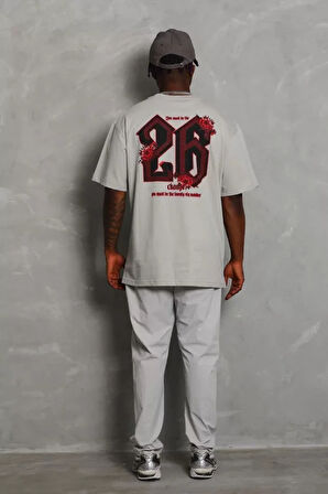 Unisex Oversize Baskılı Bisiklet Yaka Thirt  Gri