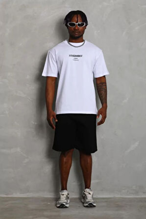 Unisex Oversize Baskılı Bisiklet Yaka Thirt  Beyaz