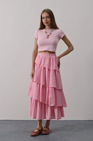 Katlı Kesim Uzun Etek  Pembe