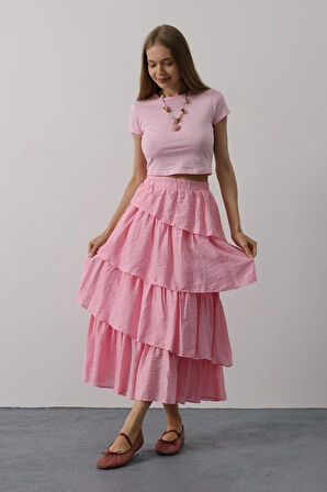 Katlı Kesim Uzun Etek  Pembe