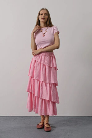 Katlı Kesim Uzun Etek  Pembe
