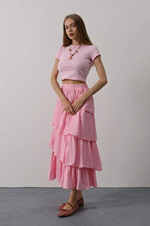 Katlı Kesim Uzun Etek  Pembe
