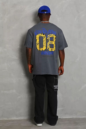 Unisex Oversize Baskılı Bisiklet Yaka Thirt  Füme