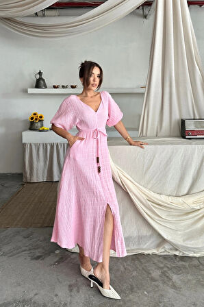 V YAKA BE BONCUK BAĞAAI ÜİN EBİE YIRTAÇ DETAYI  Pembe