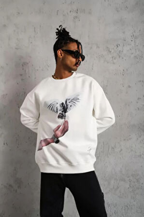 Erkek Güvercin Baskılı weatshirt  Beyaz
