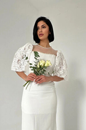 Beyaz İncili Tül Detay Elbise