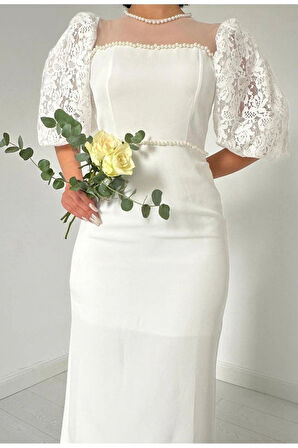 Beyaz İncili Tül Detay Elbise