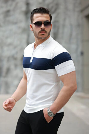 Erkek Fermuar Yakalı şerit Renk Desenli Kısa Kollu Tişört