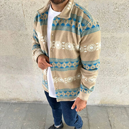 Erkek Desenli Polar Gömlek – Etnik Şerit Desen Yakalı, Uzun Kollu, Düğmeli, Oversize Rahat Kalıp  arı