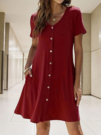 Kadın Kısa Kollu V Yaka önü Düğmeli Viskon Elbise