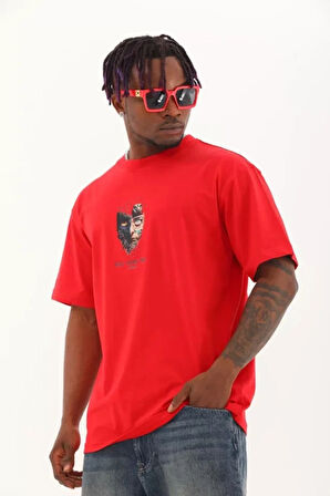 Unisex Oversize Baskılı Bisiklet Yaka Thirt  Kırmızı