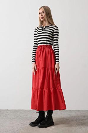 Pamuklu Beli Lastikli Etek  Kırmızı