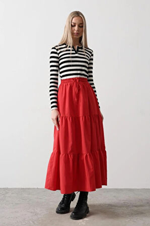 Pamuklu Beli Lastikli Etek  Kırmızı