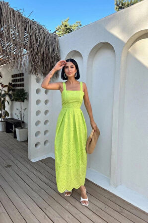 Yağ Yeşili Askılı Aparatlı Brode Elbise