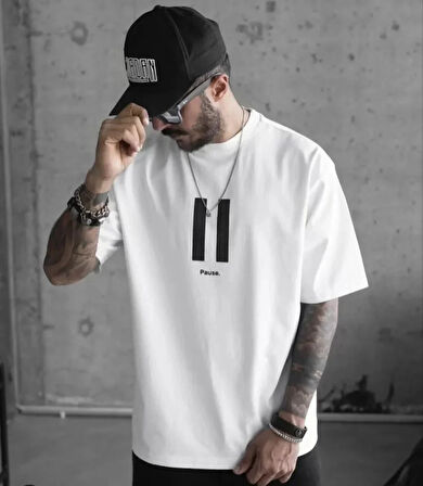 Unisex Bisiklet Yaka Baskılı Oversize Thirt  Beyaz