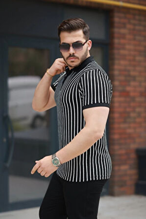 Erkek çizgili Fermuar Yakalı Kısa Kollu Tişört