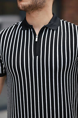Erkek çizgili Fermuar Yakalı Kısa Kollu Tişört