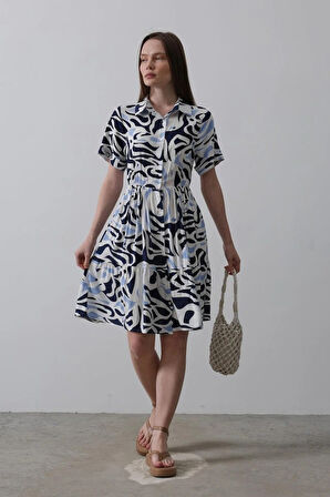 Baskılı Keten Elbise  Lacivert